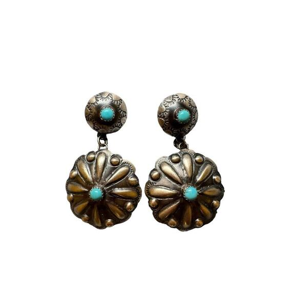 Gabrielle Yazzie Navajo Turquoise And Sterling Silver Dangle Concho Earrings - Picture 1 of 6
